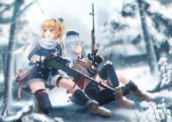  2girls black_skirt black_thighhighs blonde_hair bolt_action brown_shoes dragunov_svd girls_frontline gloves gun hat holding holding_gun holding_weapon karkovb152 long_hair long_sleeves multiple_girls red_eyes rifle shoes sitting skirt sniper_rifle snowing sv-98 sv-98_(girls'_frontline) svd_(girls'_frontline) thigh-highs tree weapon white_hair 