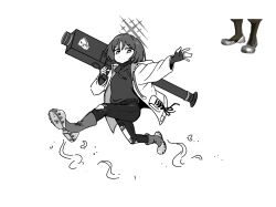  1girl black_hair blue_archive commentary halo highres holding holding_rocket_launcher holding_weapon hood hoodie jacket jumping long_sleeves midair misaki_(blue_archive) rocket_jumping rocket_launcher rpg_(weapon) sh17 shirt short_hair simple_background solo steel-toe_boots tagme team_fortress_2 untranslatable_commentary weapon white_background 