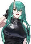  arknights armpits gloves green_hair highres horns hoshiguma_(arknights) long_hair open_mouth simple_background upper_body yellow_eyes 