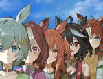  5girls ahoge animal_ears black_hair blue_eyes brown_eyes brown_hair collar fur-trimmed_jacket fur_trim g_gundam grey_hair gundam hair_ornament hairclip highres horse_ears jacket jewelry kitasan_black_(umamusume) long_hair mayano_top_gun_(umamusume) mejiro_palmer_(umamusume) multicolored_hair multiple_girls nao_(syn_eaa) orange_hair parody pendant red_eyes seiun_sky_(umamusume) short_hair signature special_week_(umamusume) streaked_hair umamusume violet_eyes 