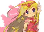 1girl artist_name belt blonde_hair blue_eyes blush commentary_request dress floating_hair full_body gloves grey_gloves hair_ornament highres holding jewelry long_hair multicolored_hair necklace pink_dress pointy_ears princess_zelda simple_background smile solo the_legend_of_zelda the_legend_of_zelda:_the_wind_waker tiara tokuura