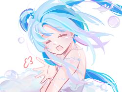  1girl ^_^ bare_shoulders bead_armlet bead_choker beads blue_hair bubble chinese_commentary closed_eyes commentary_request dress emodao68734 floating_clothes hair_beads hair_ornament halo happy infinity_nikki light_blush liquid_clothes long_hair nikki_(series) open_mouth palms rippling_reverie_(infinity_nikki) smile solo strapless strapless_dress twintails upper_body waving white_background white_halo wind 