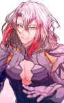  1boy fate/grand_order fate_(series) highres looking_at_viewer male_focus multicolored_hair no_headwear no_helmet odysseus_(fate) redhead simple_background smile solo user_gdss4757 white_background white_hair yellow_eyes 