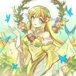  1girl bangs bare_shoulders bird blonde_hair breasts bug butterfly commission dress fire_emblem fire_emblem_heroes flower green_dress highres large_breasts long_hair looking_at_viewer open_mouth sorakaza wreath ymir_(fire_emblem_heroes) 