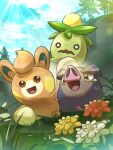 :d black_eyes brown_eyes clouds commentary_request day flower grass hakkentai_pokedan highres lechonk looking_at_viewer no_humans o_o open_mouth outdoors pawmi pokemon pokemon_(creature) sky smile smoliv sunlight tongue tree wavy_mouth 