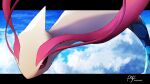  above_clouds bright_pupils clouds commentary_request day flying highres letterboxed milotic no_humans outdoors outside_border pokemon pokemon_(creature) red_eyes rolloekaki signature solo white_pupils 