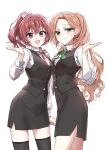  2girls :d absurdres bangs black_skirt black_thighhighs blush brown_hair dress_shirt green_eyes green_ribbon hand_up highres long_hair looking_at_viewer multiple_girls neck_ribbon onna_doushi_toka_arienai_desho_to_iiharu_onnanoko_wo_hyakunichikan_de_tetteiteki_ni_otosu_yuri_no_ohanashi open_mouth pencil_skirt pink_ribbon ponytail red_eyes redhead ribbon shirt skirt smile thigh-highs very_long_hair waistcoat wattaro white_background white_shirt 