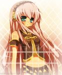  1girl armband artist_request black_shirt blue_eyes breasts commentary detached_sleeves gold_trim headphones headset highres light_blush long_hair looking_at_viewer medium_breasts megurine_luka non-web_source pink_hair shirt short_sleeves solo tail upper_body vocaloid 