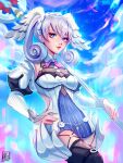 1girl alina_l blue_eyes braid breasts crown_braid curly_hair dress head_wings highres juliet_sleeves long_hair long_sleeves looking_at_viewer medium_breasts melia_antiqua o-ring puffy_sleeves short_dress simple_background smile solo staff thigh-highs twintails upper_body xenoblade_chronicles:_future_connected xenoblade_chronicles_(series) xenoblade_chronicles_1