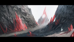  1girl absurdres brown_pants cape cliff commentary_request conical_hat crystal day diffraction_spikes faceless faceless_female fantasy fog full_body gem green_trim grey_sky hat high_collar highres holding holding_staff ikasamahideo letterboxed mountain multicolored_cape original outdoors overcast painterly pants red_gem rock scenery sky solo staff two-tone_cape two-tone_hat very_wide_shot white_cape white_hat 