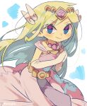 1girl artist_name belt blonde_hair blue_eyes blush commentary_request dress floating_hair full_body gloves grey_gloves hair_ornament highres holding jewelry long_hair multicolored_hair necklace pink_dress pointy_ears princess_zelda simple_background smile solo the_legend_of_zelda the_legend_of_zelda:_the_wind_waker tiara tokuura