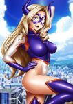  1girl blonde_hair boku_no_hero_academia breasts city from_behind hand_on_hip highleg highleg_leotard large_breasts long_hair mask mount_lady one_arm_up one_leg_raised ribs smile teeth tenzen_(netspike) thigh-highs very_long_hair violet_eyes 