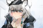  1girl animal_ears ao_oni_(onioni-aoi) arknights black_gloves black_jacket blush cliffheart_(arknights) collarbone gloves grey_eyes hair_between_eyes hair_ornament hand_up hat highres jacket jewelry leopard_ears leopard_girl looking_at_viewer necklace parted_lips portrait short_hair simple_background solo white_background white_hair white_headwear 