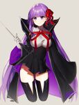  1girl bb_(fate) bb_(fate/extra) black_coat black_skirt boots breasts coat fate/extra fate/extra_ccc fate_(series) gloves high-waist_skirt highres holding holding_wand large_breasts long_hair long_sleeves neck_ribbon open_clothes open_coat popped_collar purple_hair raburi red_ribbon ribbon shirt skirt smile solo thigh_boots very_long_hair violet_eyes wand white_gloves white_shirt 