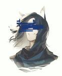  1boy animal_ear_fluff animal_ears arknights black_hair censored guisha highres horse_ears identity_censor long_hair male_focus parted_lips portrait roy_(arknights) simple_background smile solo white_background 