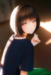  1girl absurdres bangs black_shirt blurry blurry_background blush bob_cut brown_eyes brown_hair highres indoors looking_at_viewer looking_back ojay_tkym original parted_lips shirt short_hair signature solo 