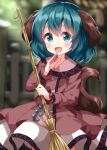  1girl :d animal_ears bamboo_broom bangs blurry blurry_background blush broom cowboy_shot depth_of_field dog_ears dress green_hair hair_between_eyes happy highres holding holding_broom kasodani_kyouko long_sleeves looking_at_viewer open_mouth outdoors ruu_(tksymkw) smile solo tail touhou 