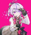  1girl :d ahoge bangs blush bow bowtie eyepatch eyepatch_lift finger_to_mouth gloves hair_between_eyes hair_ornament hands_up heart heart_ahoge heterochromia jacket lace lace_gloves light_purple_hair long_sleeves looking_at_viewer maria_marionette multicolored_hair nijisanji nijisanji_en pink_background pink_bow plaid plaid_skirt pleated_skirt simple_background skirt smile solo streaked_hair stuffed_animal stuffed_toy two-tone_hair violet_eyes virtual_youtuber waka_(wk4444) 