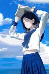  1girl absurdres arms_up black_hair blue_skirt blue_sky book closed_eyes clouds crop_top crop_top_overhang fakey highres holding holding_book long_hair long_sleeves midriff navel original photo-referenced pleated_skirt school_uniform serafuku shirt skirt sky solo white_shirt 