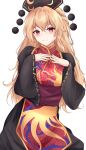  1girl absurdres blonde_hair blush chinese_clothes dress highres junko_(touhou) long_dress long_hair messy_hair orchid_(orukido) own_hands_together phoenix_crown red_tabard simple_background smile solo tassel touhou very_long_hair white_background wide_sleeves 