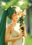  1girl alternate_costume aqua_hair bangs blurry blurry_background breasts careful_x chromatic_aberration closed_mouth dress flower glint hair_between_eyes hatsune_miku highres holding holding_flower light light_particles long_hair small_breasts solo sundress twintails upper_body vocaloid 
