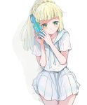  1girl atsumi_yoshioka bangs blonde_hair blunt_bangs blush bottle braid closed_mouth commentary_request french_braid green_eyes hands_up high_ponytail holding holding_bottle lillie_(pokemon) long_hair pleated_skirt pokemon pokemon_(game) pokemon_sm shirt short_sleeves skirt solo water_bottle white_shirt white_skirt 