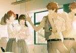  2boys 3girls :d bangs belt brown_eyes brown_hair classroom closed_eyes collared_shirt green_eyes grey_pants grey_skirt highres holding indoors long_hair looking_at_another luke_pearce_(tears_of_themis) multiple_boys multiple_girls open_mouth pants ponytail rosa_(tears_of_themis) school school_uniform shirt short_hair short_sleeves skirt smile tears_of_themis triangular1116 white_shirt window 