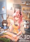  1other 2girls absurdres amiya_(arknights) animal_ears apron arknights blue_eyes carrot commentary_request cooking demon_girl demon_horns doctor_(arknights) english_text highres horns jueduihuoli kitchen kitchen_knife long_hair multiple_girls oripathy_lesion_(arknights) pink_hair rabbit_ears rabbit_girl red_eyes refrigerator stove theresa_(arknights) 