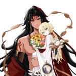  2boys absurdres androgynous asura_(onmyoji) bare_pectorals bishounen bisque black_hair blonde_hair bouquet bow dark-skinned_male dark_skin earrings facial_mark flower green_eyes highres holding holding_bouquet japanese_clothes jewelry long_hair looking_at_another looking_at_viewer male_child male_focus multicolored_hair multiple_boys onmyoji pectorals short_hair sitting sitting_on_person smile sunflower taishakuten_(onmyoji) tattoo two-tone_hair white_background white_bow white_lotus 