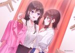  2girls bangs blush breasts brown_eyes brown_hair clothes_hanger dutch_angle earrings fitting_room hair_ornament hairclip jewelry long_hair medium_breasts multiple_girls necklace original rangu short_hair violet_eyes 