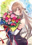  1girl bangs bare_shoulders bouquet bridal_gauntlets brown_hair commentary_request company_name dress flower furen_e_lustario grin hair_ribbon holding holding_bouquet long_hair looking_at_viewer nijisanji noy official_art petals red_eyes red_flower red_rose ribbon rose sleeveless sleeveless_dress smile solo sword virtual_youtuber weapon 