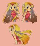  1girl artist_name belt blonde_hair blue_eyes blush dress floating_hair from_side gloves highres jewelry long_hair multicolored_hair necklace parted_lips pink_dress pink_skirt princess_zelda skirt the_legend_of_zelda the_legend_of_zelda:_spirit_tracks the_legend_of_zelda:_the_wind_waker tokuura upper_body 