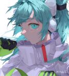  1girl absurdres aqua_eyes aqua_hair gloves hatsune_miku headgear highres long_hair looking_at_viewer niri_(eunhaha02) racing_miku racing_miku_(2022) simple_background solo twintails upper_body vocaloid 