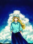  1girl alternate_costume bangs blonde_hair blue_dress blue_eyes blue_shirt blue_sky closed_mouth clouds cloudy_sky collared_shirt commentary_request dress feet_out_of_frame hat highres kihaji140 long_hair looking_at_viewer maribel_hearn mob_cap shirt sky sleeves_past_elbows smile solo touhou white_headwear wind 