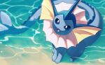  :d commentary_request day head_tilt naoki_eguchi no_humans open_mouth outdoors pokemon pokemon_(creature) sitting smile solo tongue vaporeon water 