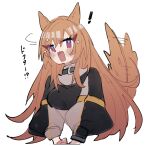  ! 1girl afterimage animal_ears arknights black_jacket blush brown_hair ceobe_(arknights) dog_ears dog_girl dog_tail highres jacket long_hair long_sleeves niteenet open_mouth red_eyes simple_background solo sparkle tail tail_wagging upper_body very_long_hair white_background 
