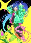  1boy ;d arms_behind_head belt black_background black_pants blue_hair chain earrings eyeshadow fur_trim glint glittering_peacock_(pixiv_fantasia) gradient_hair green_jacket hands_up hood hood_down jacket jewelry long_hair looking_at_viewer makeup multicolored_hair one_eye_closed orange_eyes pants pixiv_fantasia pixiv_fantasia_age_of_starlight shiba_a smile solo two-tone_background very_long_hair yellow_background 