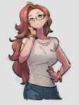  1girl alternate_hairstyle android_21 blue_eyes blue_pants bracelet closed_mouth dragon_ball dragon_ball_fighterz earrings glasses grey_shirt hand_on_hip hoop_earrings jewelry kemachiku long_hair looking_at_viewer pants red_ribbon_army redhead shirt short_sleeves solo t-shirt 