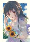  1girl blue_sky brown_eyes brown_hair clannad clouds commentary_request dress flower happy_birthday highres holding holding_flower ibuki_fuuko long_hair looking_at_viewer low-tied_long_hair pink_dress satomi_yoshitaka see-through see-through_shirt sky smile solo sunflower upper_body 