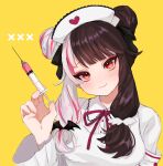  artist_request bangs black_hair dot_nose double_bun eyeshadow hair_bun hat head_tilt heart highres lips long_hair makeup multicolored_hair nijisanji nurse_cap pink_hair red_eyes ribbon sidelocks simple_background smile split-color_hair streaked_hair syringe two-tone_hair upper_body virtual_youtuber white_hair yellow_background yorumi_rena 