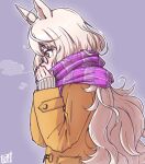  1girl ahoge animal_ears artist_logo biwa_hayahide_(umamusume) blush breath brown_coat coat cold covering_mouth desuchi glasses highres horse_ears light_brown_hair long_hair long_sleeves looking_afar purple_background scarf semi-rimless_eyewear simple_background sleeves_past_wrists solo umamusume upper_body yellow_eyes 