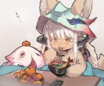  1other androgynous animal_ears artist_name bangs blunt_bangs bowl chopsticks colored_eyelashes controller eating fake_horns food food_in_mouth fruit furry grey_background helmet holding holding_chopsticks horizontal_pupils horned_helmet horns indoors kotatsu made_in_abyss mitty_(made_in_abyss) nanachi_(made_in_abyss) noodles persimmon rabbit_ears ramen red_eyes remote_control short_hair_with_long_locks sidelocks signature sitting sketch suurin_(ksyaro) table upper_body whiskers white_hair yellow_eyes 