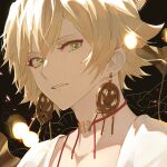  1boy bare_pectorals bishounen bisque blonde_hair earrings film_grain flower glint green_eyes japanese_clothes jewelry lotus male_focus necklace onmyoji pectorals shikigami short_hair solo sparkle taishakuten_(onmyoji) 