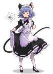 1girl alternate_costume animal_ears apron bangs black_footwear cat_ears cat_tail closed_mouth clothes_lift dress dress_lift enmaided full_body grey_hair high_heels highres juliet_sleeves lifted_by_self long_sleeves long_tail looking_to_the_side maid maid_headdress nazrin puffy_sleeves red_eyes ribbon-trimmed_dress short_eyebrows short_hair simple_background slit_pupils solo spoken_squiggle squiggle standing tail take_no_ko_(4919400) touhou white_apron white_background