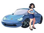  1girl black_hair blue_skirt breasts car cars_(movie) full_body green_eyes ground_vehicle high_heels highres medium_breasts medium_hair miniskirt motor_vehicle personification sally_carrera shirt skirt sleeveless sleeveless_shirt smile solo tina_fate 