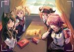  4girls animal_ears arknights black_gloves black_hair black_vest blonde_hair booth_seating bow breasts can chips coca-cola cow_horns croissant_(arknights) earphones exusiai_(arknights) fingerless_gloves food gloves green_eyes hair_bow hair_over_one_eye hand_up highres holding holding_can holding_earphones holding_food horns lay&#039;s long_hair multiple_girls necktie one_eye_covered open_mouth orange_eyes orange_hair penguin_logistics_(arknights) pocky potato_chips red_bow red_eyes red_necktie redhead shirt short_hair sitting sketch small_breasts sora_(arknights) table texas_(arknights) twintails vest viewfinder visor_cap white_shirt wolf_ears wolf_girl yellow_eyes zhongmu 