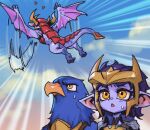  1girl :o alternate_ears alternate_form animal armor bird clouds colored_skin dragon dragon_tail flying heart horns league_of_legends open_mouth phantom_ix_row pink_skin pointy_ears quinn_(league_of_legends) red_armor shoulder_armor shyvana sky sweatdrop tail valor_(league_of_legends) wings yordle 