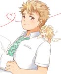  2boys angel angel_wings blonde_hair cherub closed_eyes closed_mouth collared_shirt cup cupid_(housamo) green_necktie halo heart highres holding holding_cup looking_at_viewer male_focus mug multiple_boys necktie open_mouth pink_eyes shirt short_hair sideburns sleepy steam summon_lw tennouji_shin&#039;ya tokyo_afterschool_summoners upper_body white_background white_shirt wings 