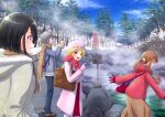  4girls :d backpack bag black_hair blonde_hair blue_sky brown_hair brown_scarf brown_skirt coat denim gloves gomashio_star grey_hair handbag hood hood_down jeans long_hair multiple_girls onsen original outdoors pants pantyhose pink_coat pink_gloves pink_headwear pink_scarf ponytail red_coat red_eyes red_gloves red_skirt rock scarf shoes short_hair skirt sky smile steam tree white_pantyhose winter_uniform 