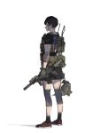  american_flag ammunition_pouch ar-15 assault_rifle bandage_on_face bandaged_arm bandages black_hair gloves gun highres kneehighs looking_to_the_side mole original pen_guin15 pouch rifle shirt shoes short_hair sneakers socks t-shirt watch weapon white_background 